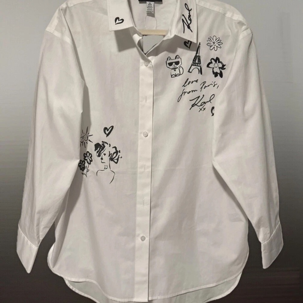 NWT Women Karl Lagerfeld Paris White Cotton Black Icons Blouse, Sz. XS Ret.$109